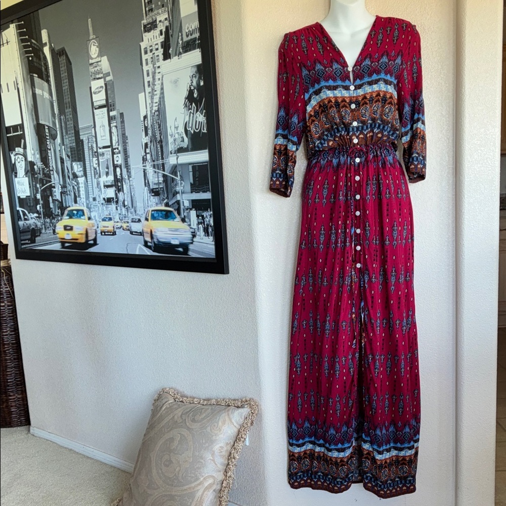 R. VIVIMOS Dress, Women's, M, EUC, Red & Blue Maxi, Buttons, Drawstring Waist. - Picture 3 of 15